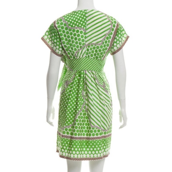 Tibi Green Print Silk Short Sleeve V-Neck Wrap Dress - Picture 3 of 8